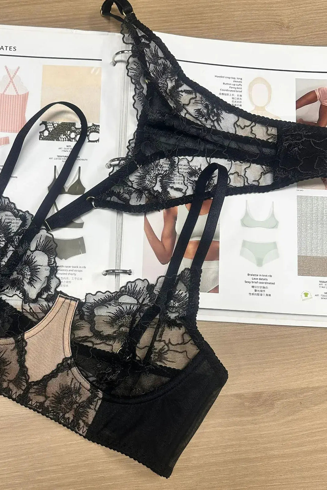 Detailed texture shot of Noir Veil black lingerie set combining delicate lace and sheer mesh.