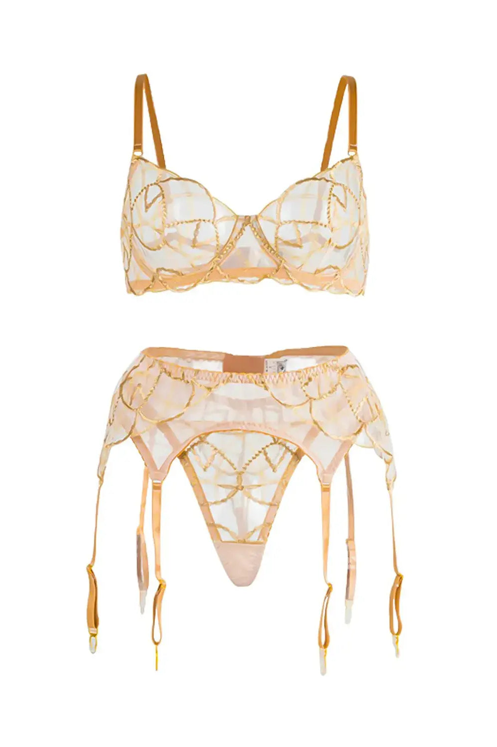 Full view of nude lace lingerie showing fabric distribution and balanced proportions.