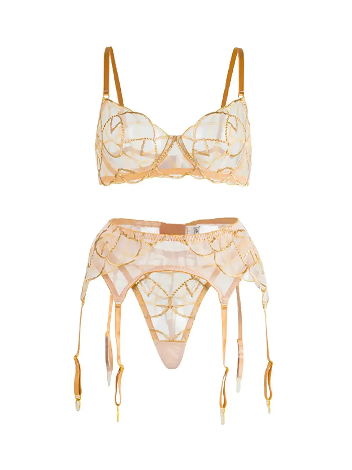 Full view of nude lace lingerie showing fabric distribution and balanced proportions.