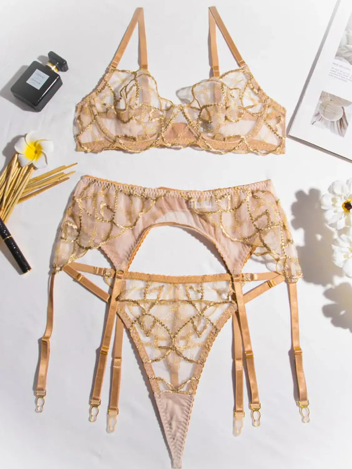 Nude lace panty with soft mesh lace texture.