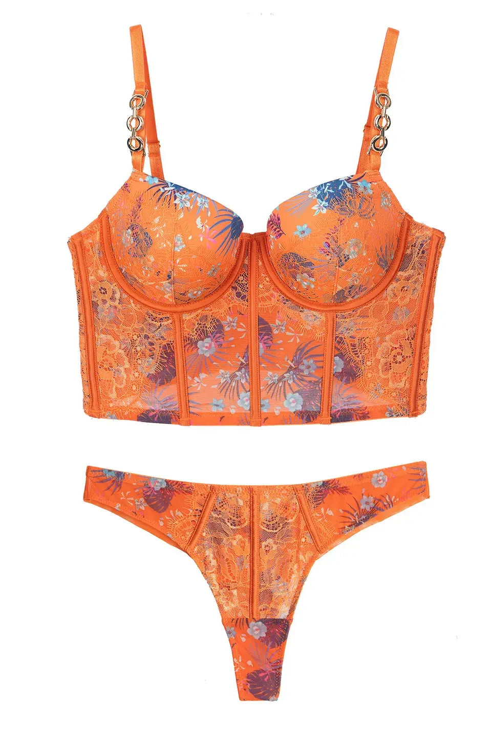 Flat lay of Orange Blossom embroidered lace bra, showcasing floral details and soft corset lines.