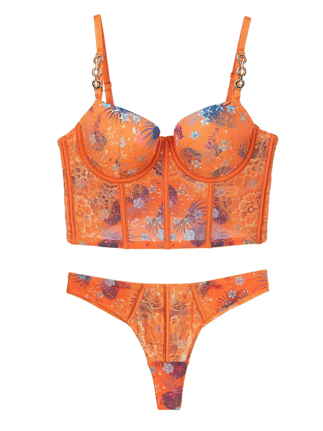 Flat lay of Orange Blossom embroidered lace bra, showcasing floral details and soft corset lines.