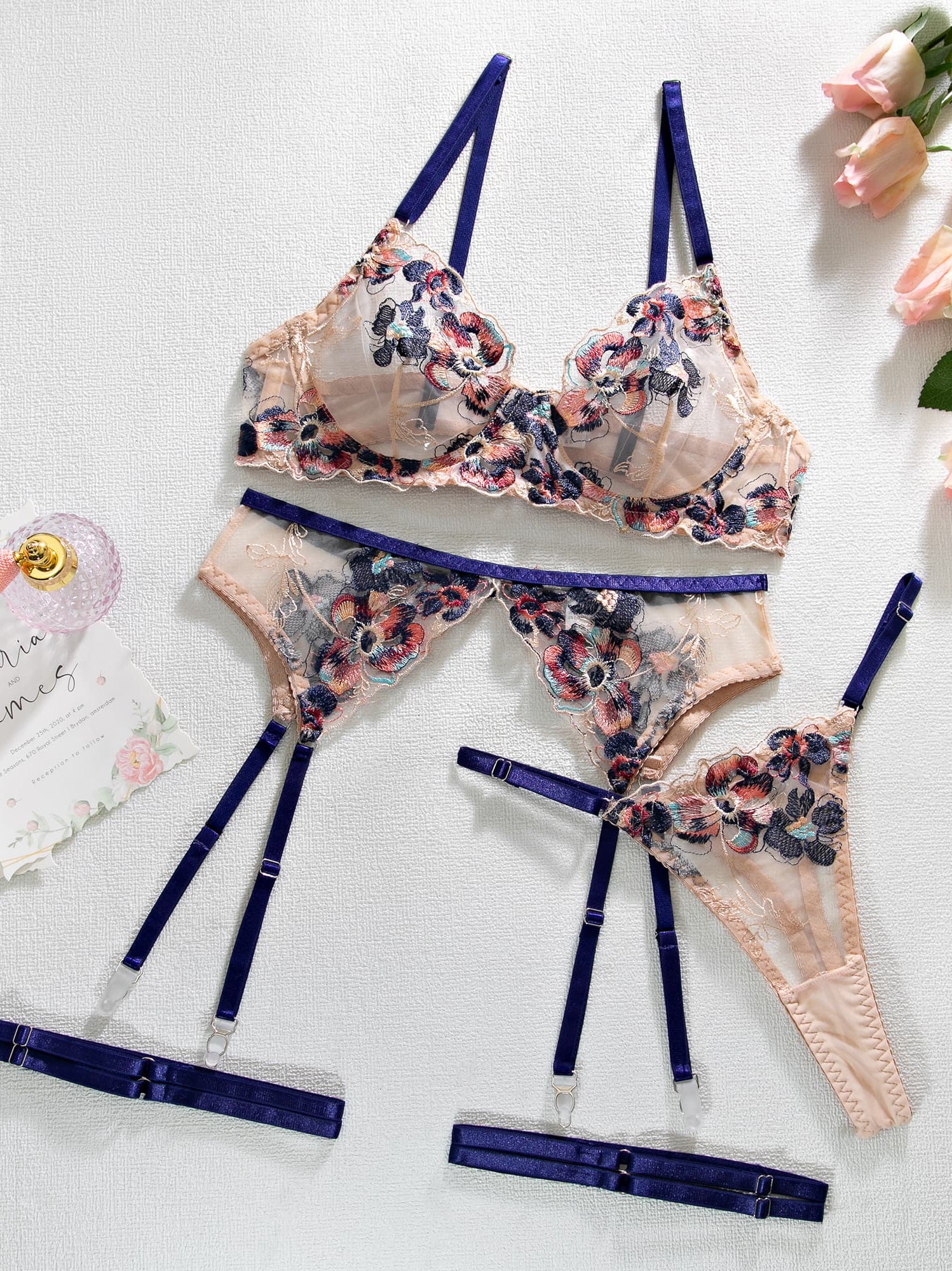 Romantic Floral Embroidered Lingerie 4 - Piece Set - gosundaymarket