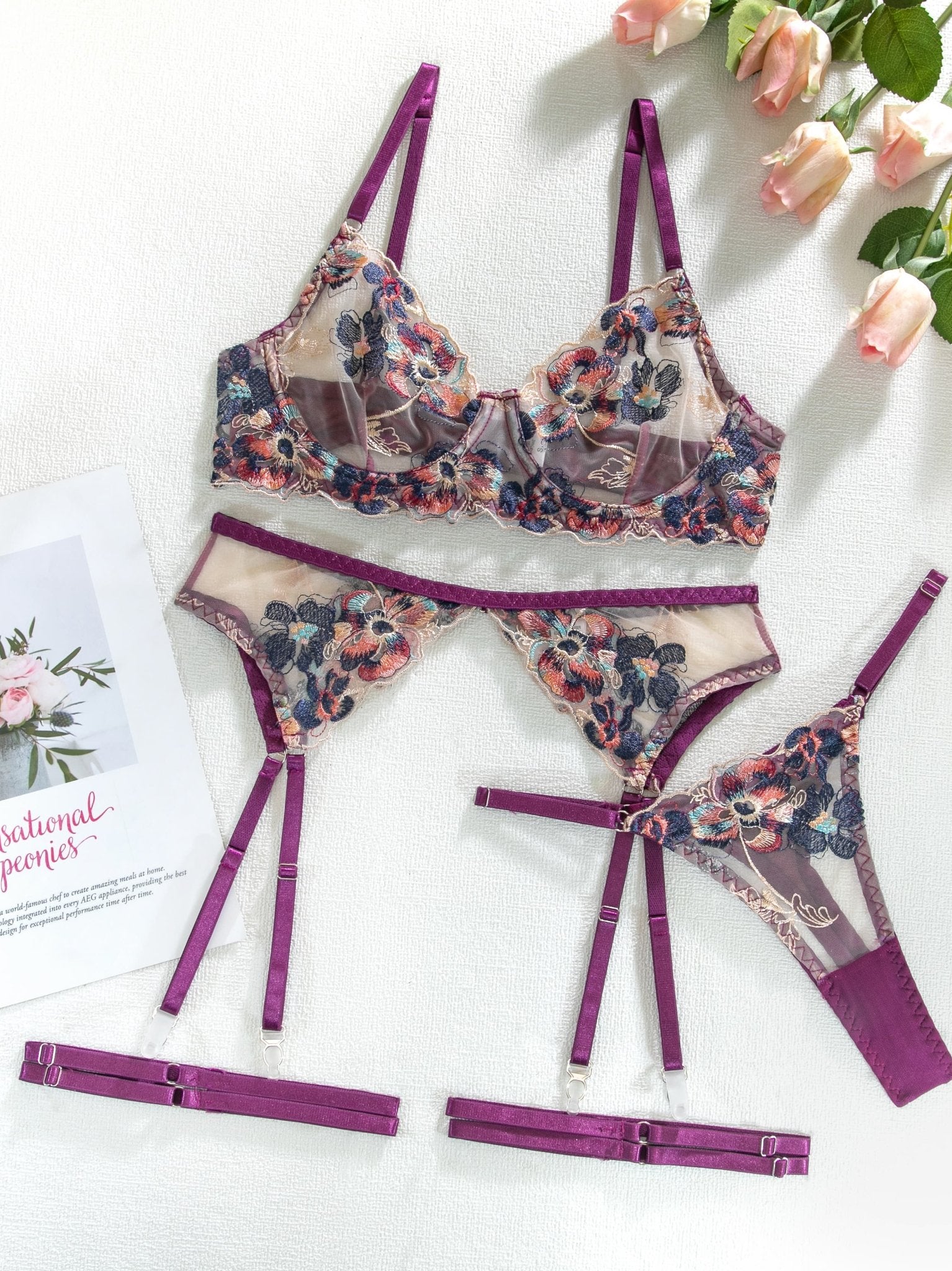 Romantic Floral Embroidered Lingerie 4 - Piece Set - gosundaymarket