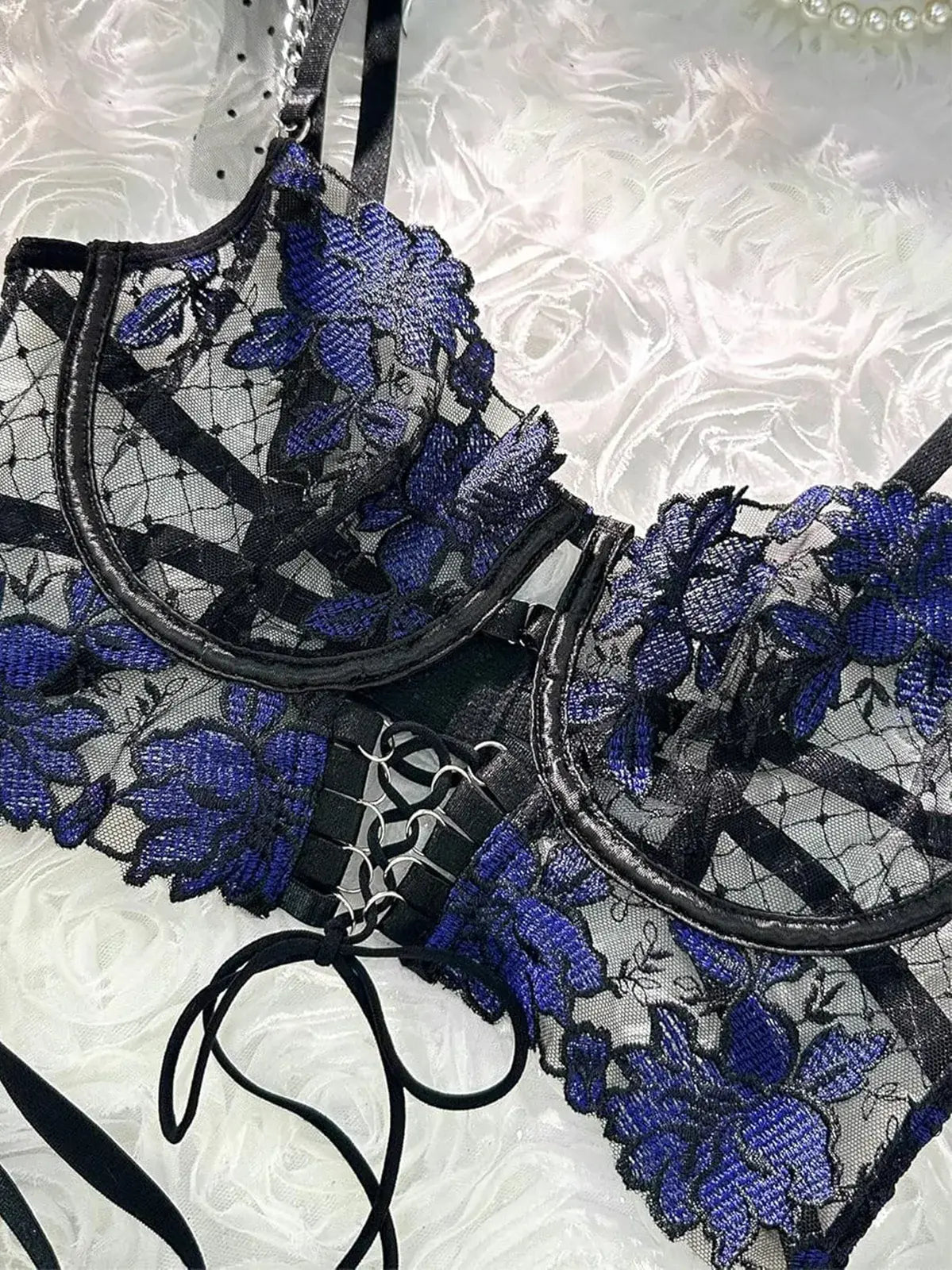 Sapphire blue lace bra with sheer mesh panels and 3D floral embroidery, see-through lingerie for special occasions