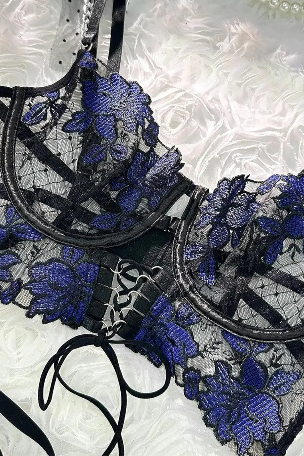 Sapphire blue lace bra with sheer mesh panels and 3D floral embroidery, see-through lingerie for special occasions