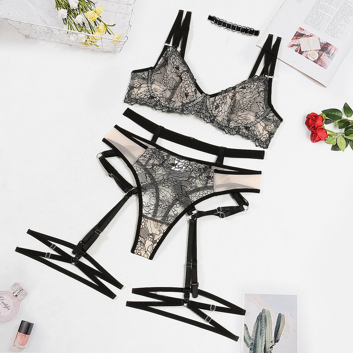 Sexy Embroidered Sheer Mesh Lingerie Set - gosundaymarket