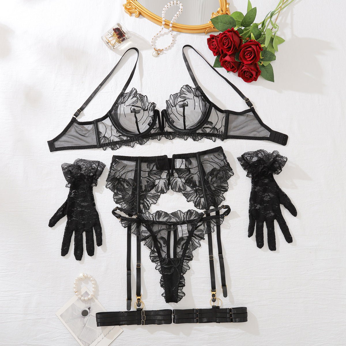 Sheer Back Floral Embroidered Lace Lingerie - gosundaymarket