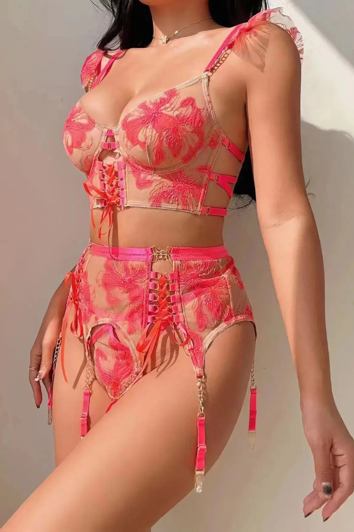 Right side view of orange Sunset Ember lingerie set with garter straps and lace trim, perfect for romantic nights