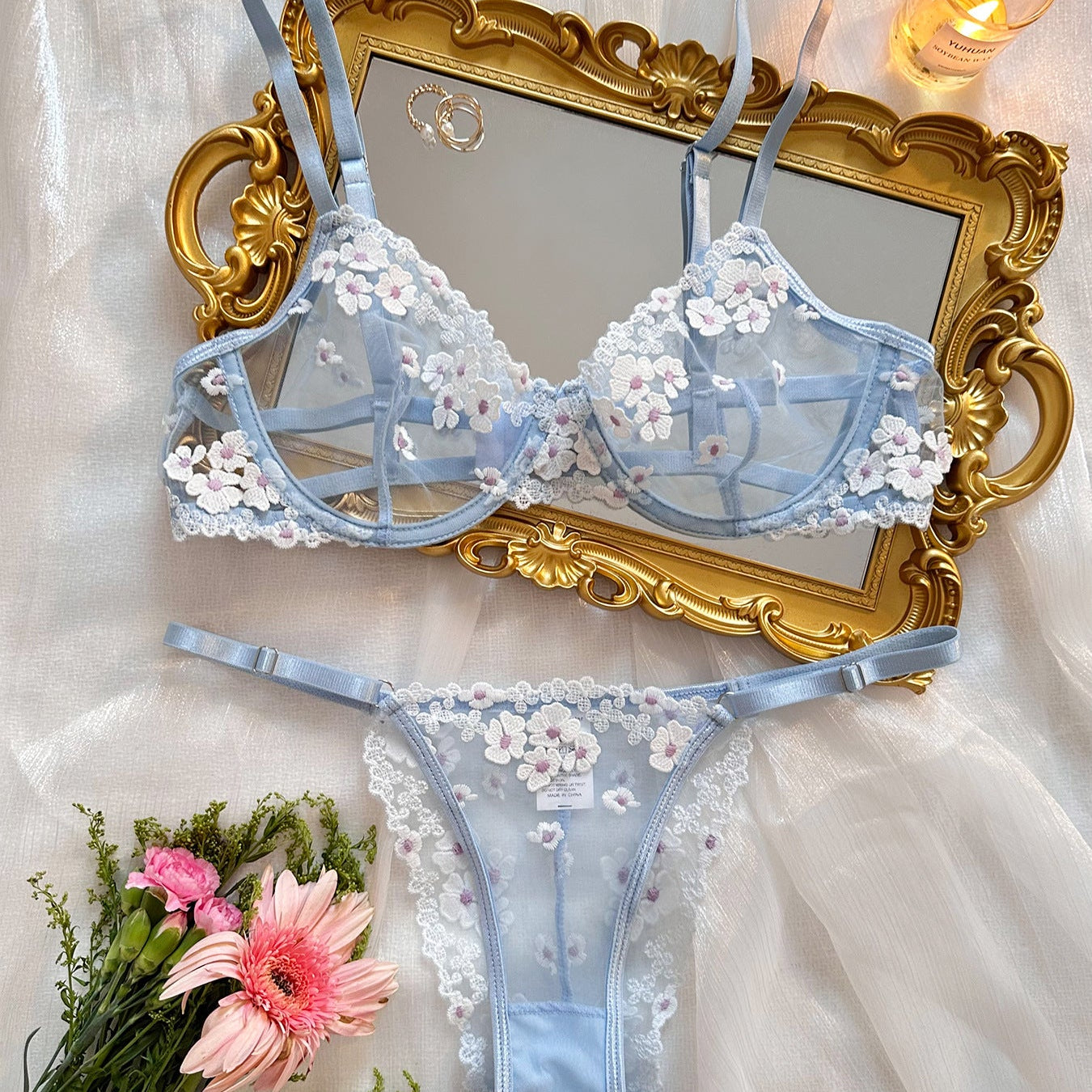 Sweet Floral Embroidered Sheer Mesh Push - Up Lingerie - gosundaymarket