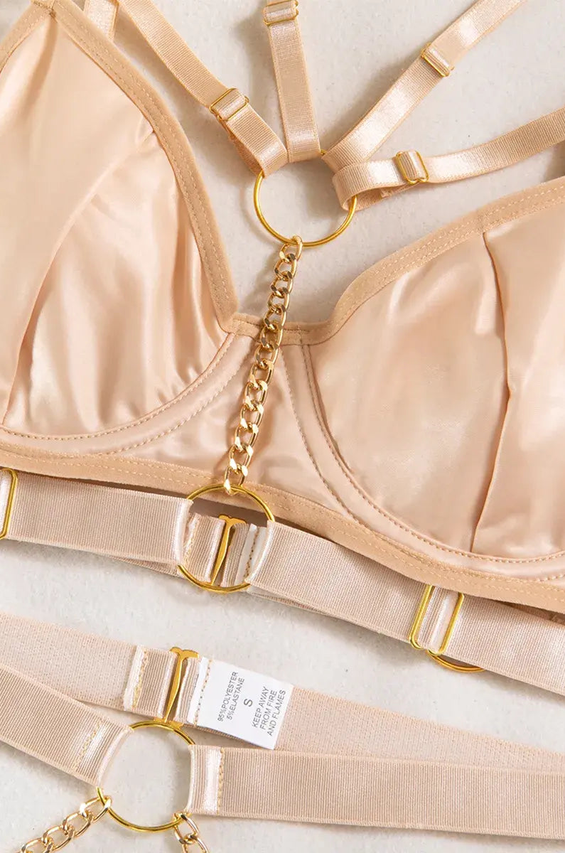 Light nude strapping with gold ring hardware and sleek design from the Velvet Armor 5-piece lingerie set.
