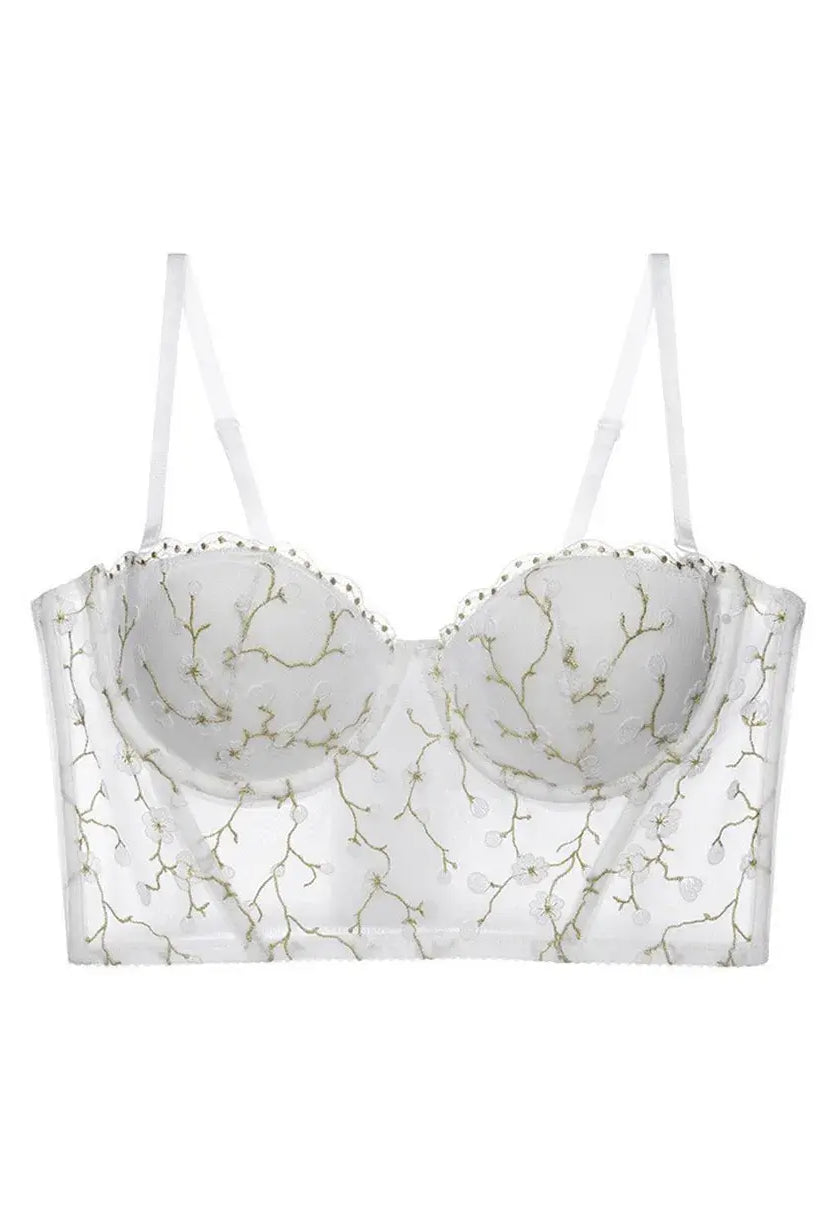 Ivory bustier top lingerie piece displayed in full view, combining sheer mesh and gold embroidery for a luxe look.