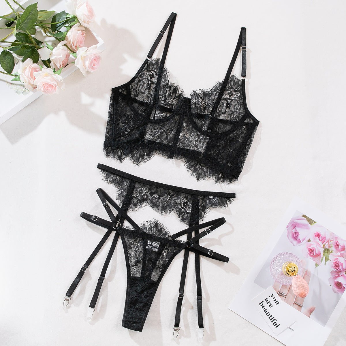 White Lace Sheer Bustier & Camisole Corset Lingerie Set - gosundaymarket