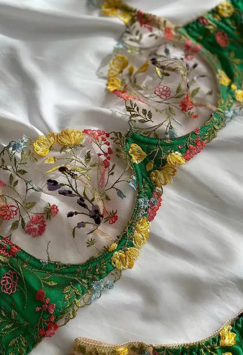 Wildflower embroidered lace bra in green sheer mesh close-up view