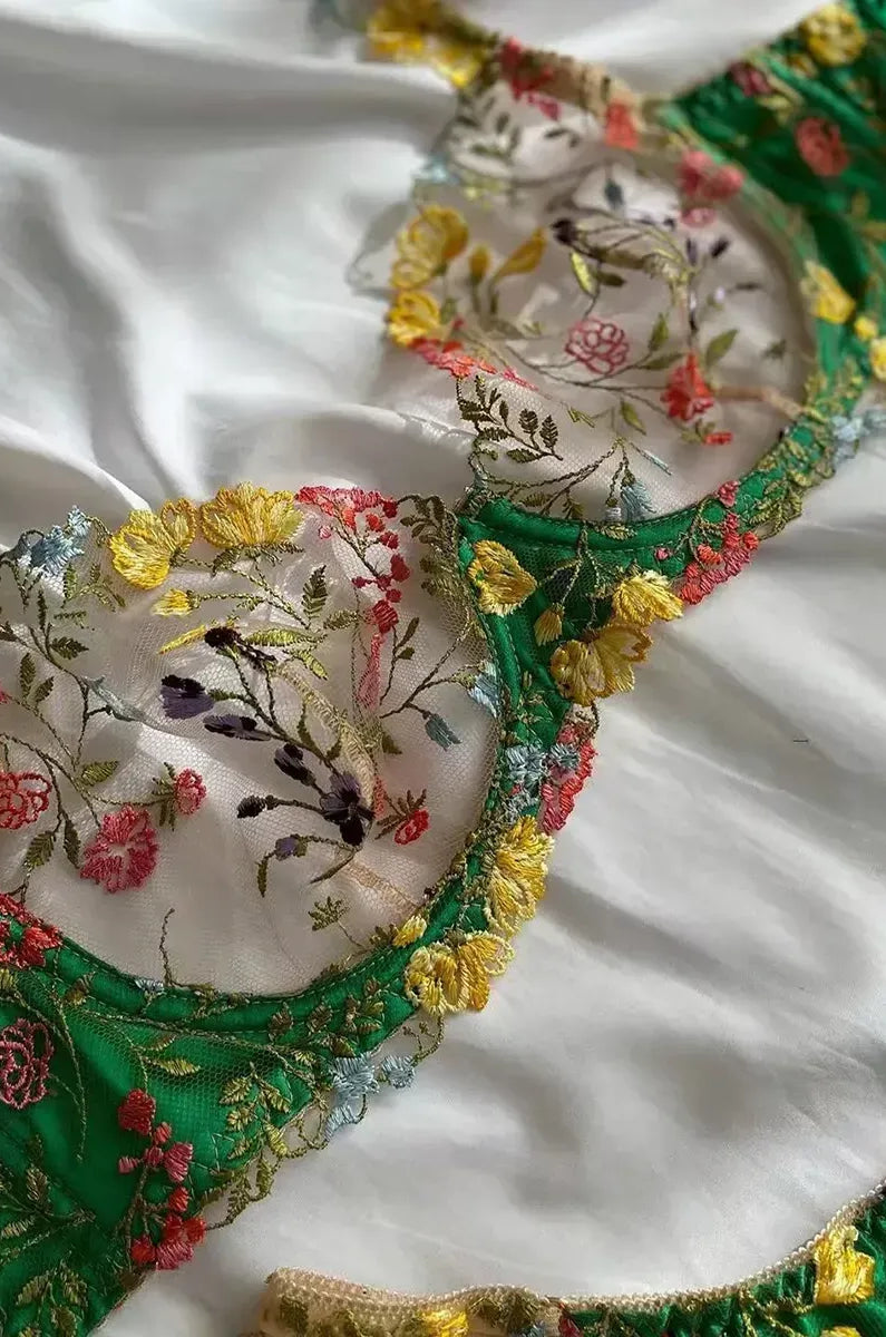 Wildflower embroidered lace bra in green sheer mesh close-up view