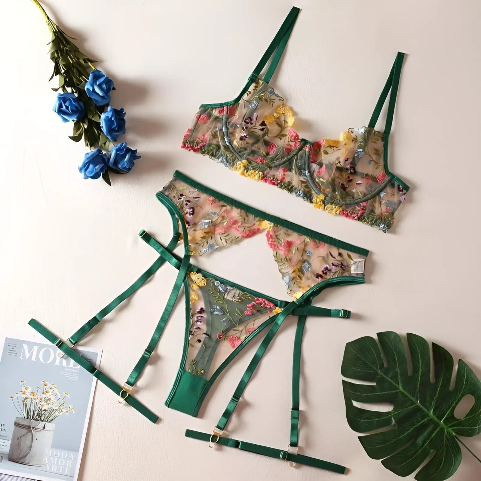 Spring Meadow Bloom Lace Lingerie Set (3-Piece)
