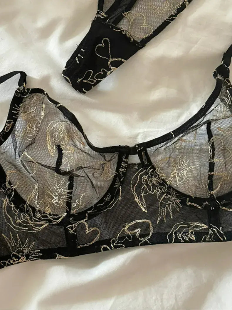 Black Sun & Moon Lace Corset Underwear Set