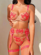 Orange lace corset and thong lingerie set with cincher