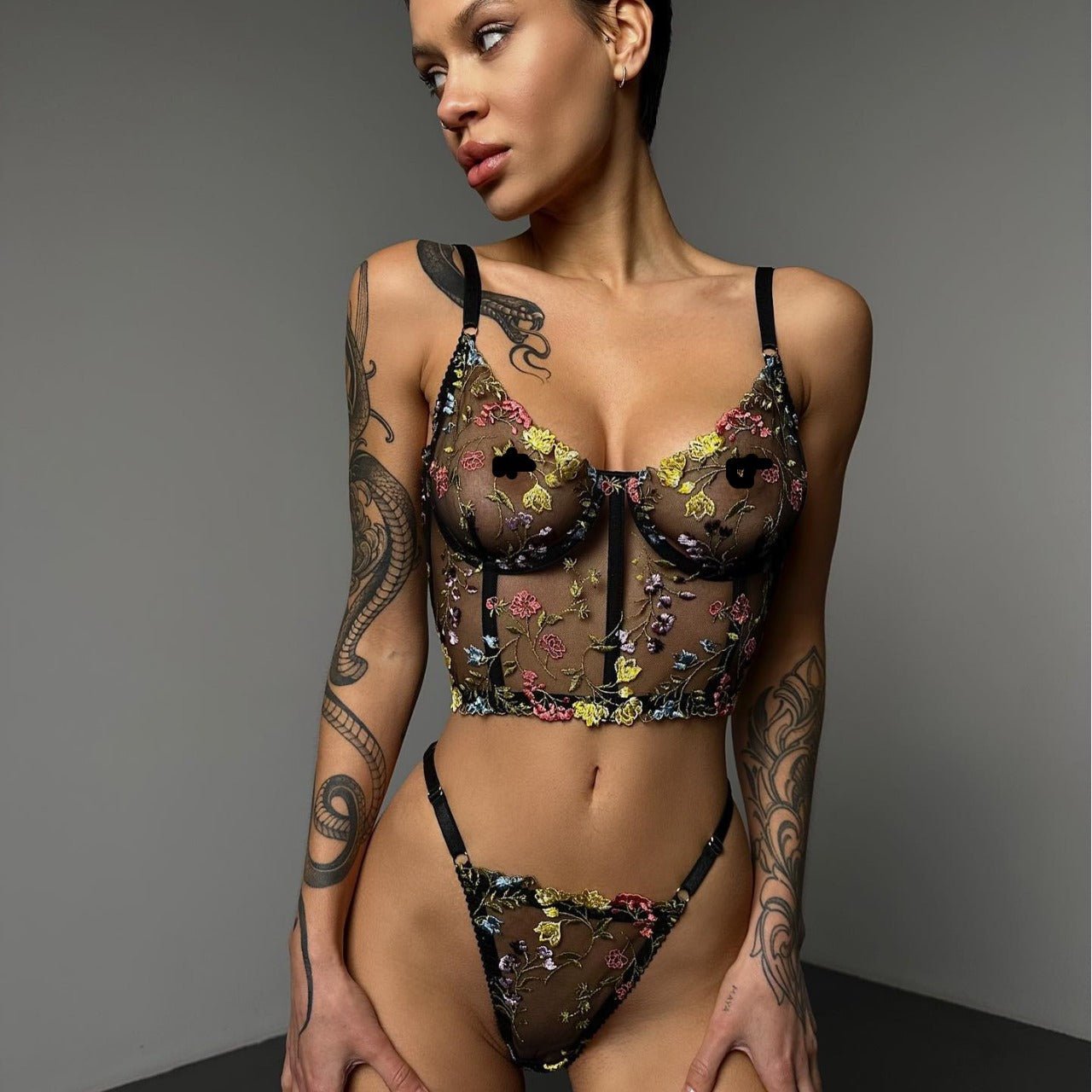 Black Floral Embroidered Corset Lingerie Set - gosundaymarket