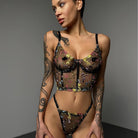 Black Floral Embroidered Corset Lingerie Set - gosundaymarket