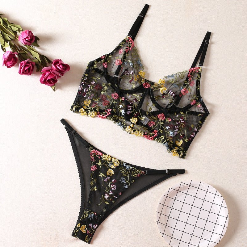 Black Floral Embroidered Corset Lingerie Set - gosundaymarket