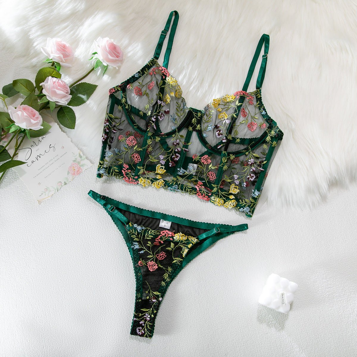Black Floral Embroidered Corset Lingerie Set - gosundaymarket