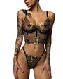 Black Floral Embroidered Corset Lingerie Set - gosundaymarket