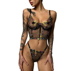 Black Floral Embroidered Corset Lingerie Set - gosundaymarket