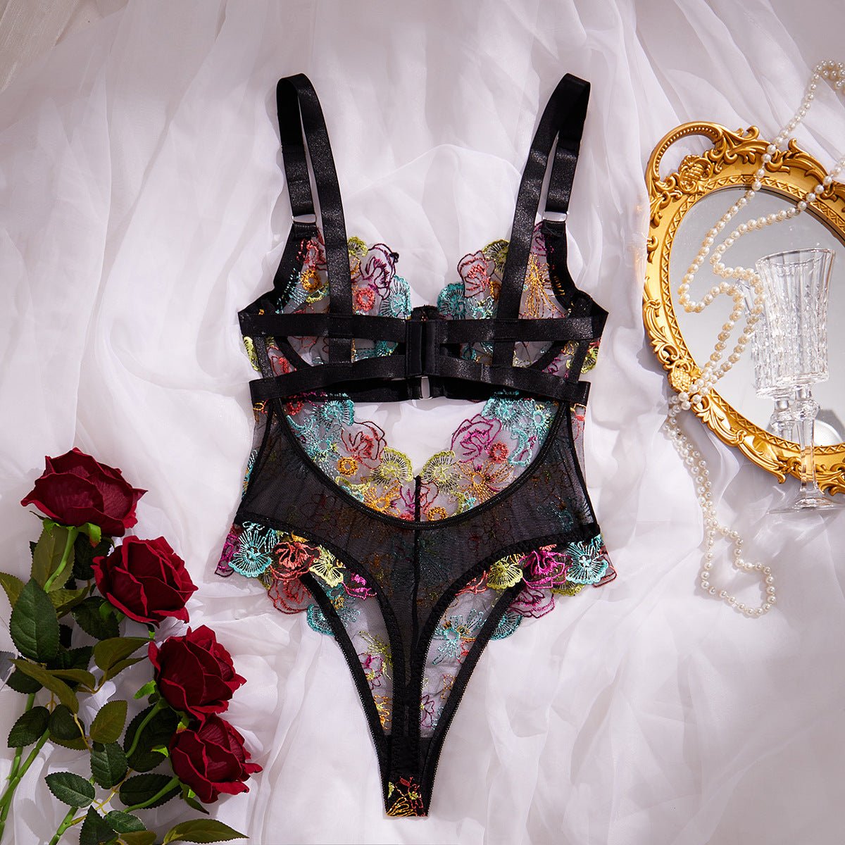 Black Gradient Embroidered Corset Bodysuit Lingerie Set - gosundaymarket