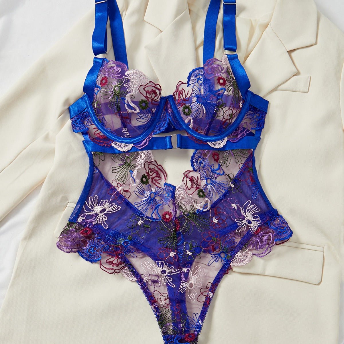 Black Gradient Embroidered Corset Bodysuit Lingerie Set - gosundaymarket