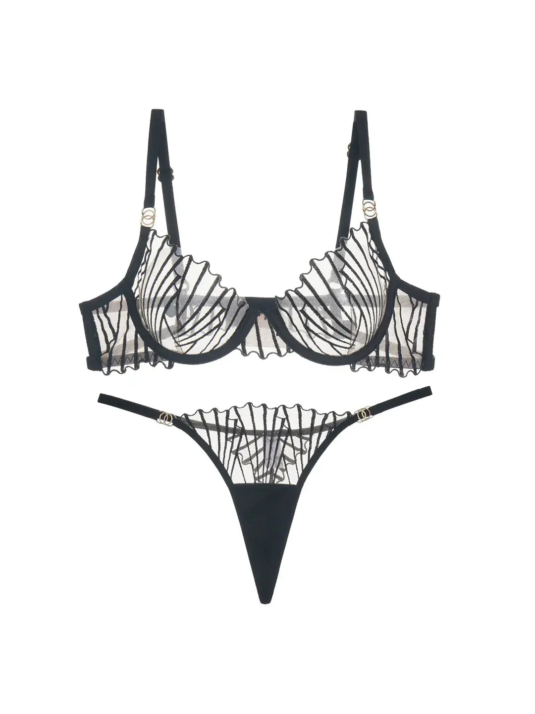 Black lace bra and G-string with back hook closure and open-back cut-out design.