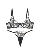 Black lace bra and G-string with back hook closure and open-back cut-out design.