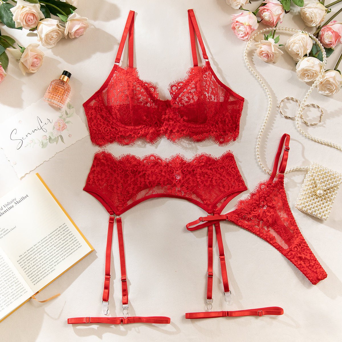 Black Lace Embroidered Supportive Lingerie Set - gosundaymarket