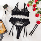 Black Lace Embroidered Supportive Lingerie Set - gosundaymarket