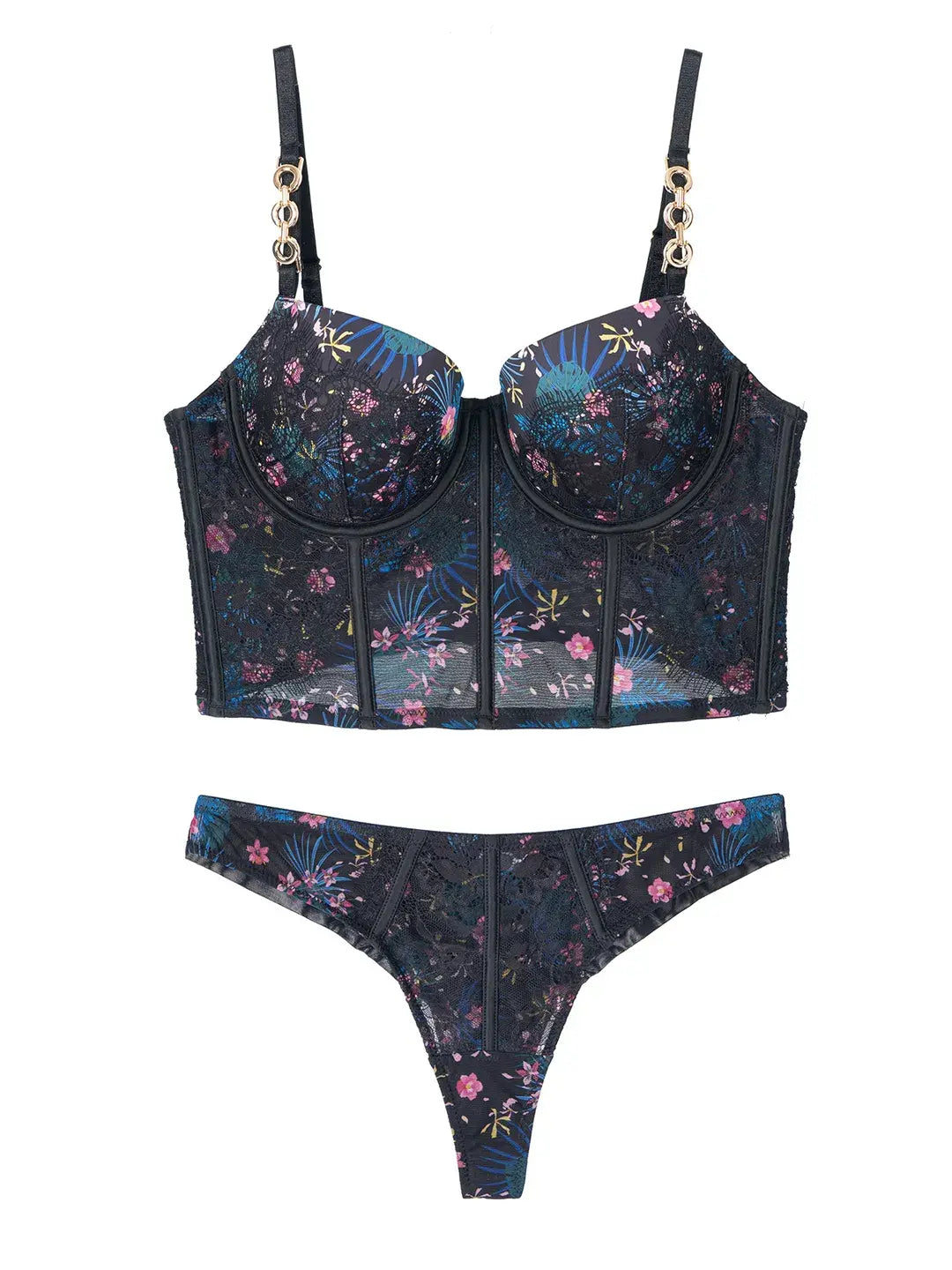 Black lace lingerie hanging on display, photographed for a sleek editorial look.