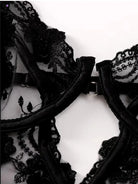 Layflat image displaying fabric texture and delicate lace of Black Lace Sheer Shapewear Bodysuit.