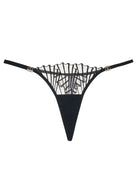 Close-up of black lace triangle panty showing lace texture.