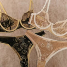 Two-piece set featuring Black Lace Women Underwear with celestial embroidery and Nude Gold lace lingerie side by side.