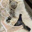 Material detail comparison of Black Lace Women Underwear Set with Nude Gold lace highlighting embroidery and mesh texture.