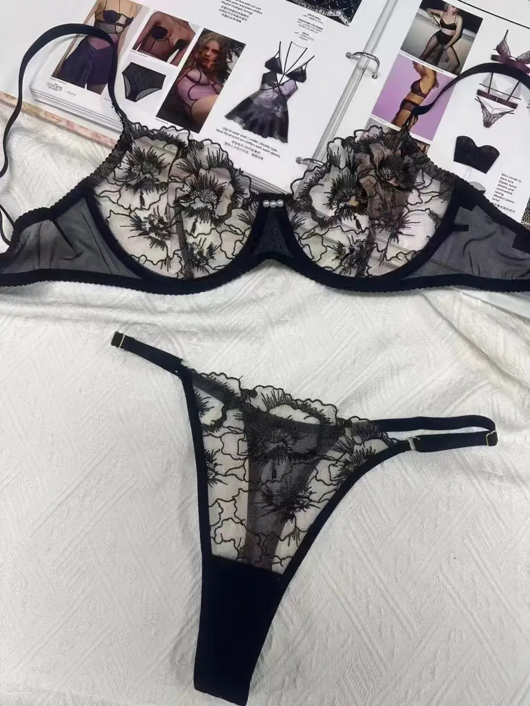 Black Embroidered Mesh Bra & Thong Set