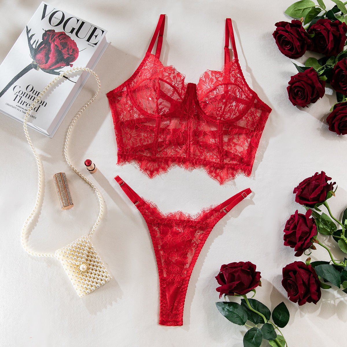 Black & Red Lace Adjustable Embroidered Corset & Panty Lingerie Set - gosundaymarket