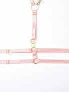 Adjustable pink thigh harness with elastic straps and shiny gold hardware, part of the Blush Bond PU lingerie set.