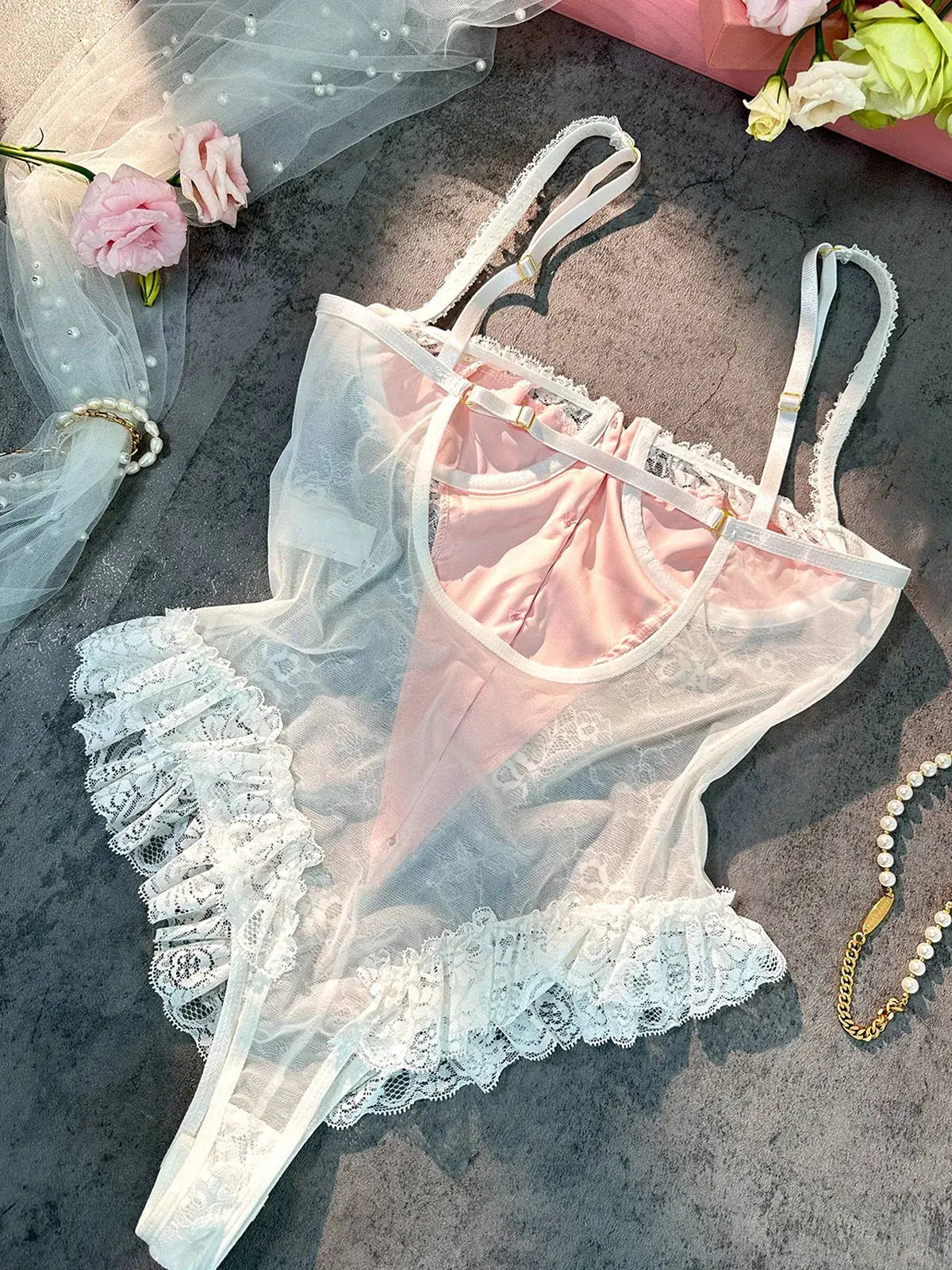 Layflat image showing fabric texture and satin sheen of Blush Pink Satin Lace Teddy.