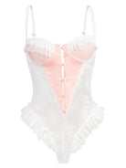 Blush Pink Satin Lace Teddy hanging on white background highlighting silhouette and lace.