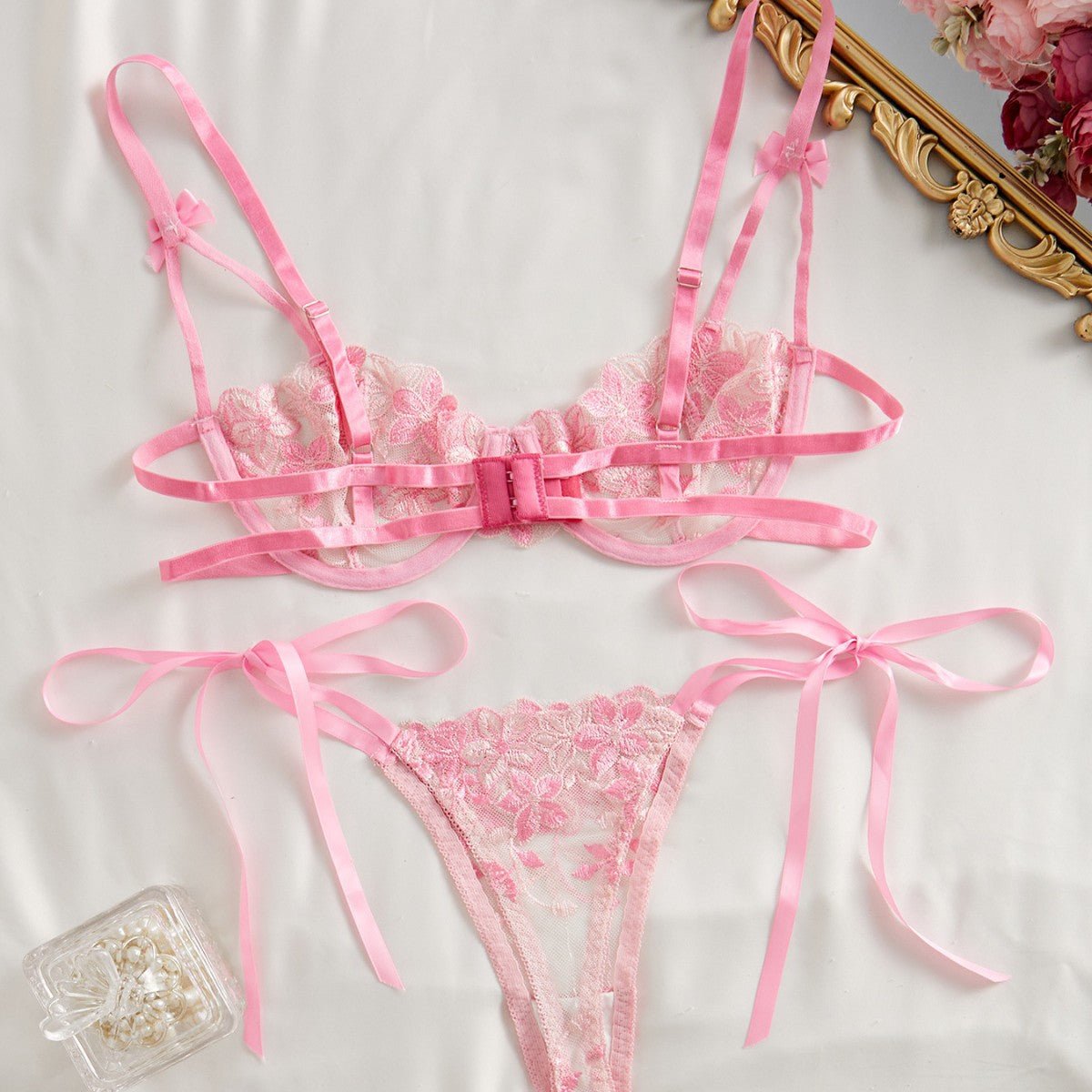 Cherry Blossom Bow Embroidered Sheer Lace Lingerie Set - gosundaymarket