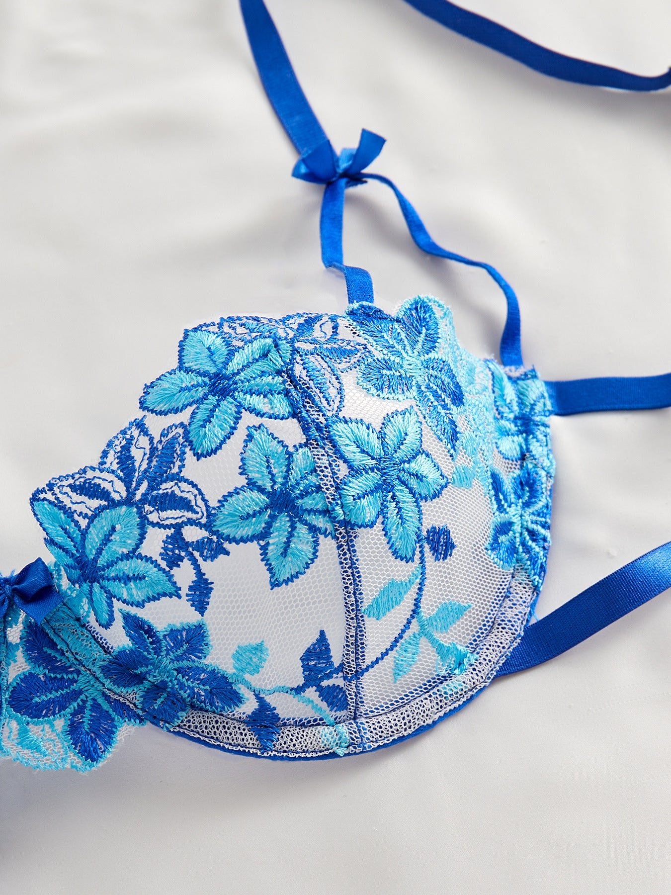 Cherry Blossom Bow Embroidered Sheer Lace Lingerie Set - gosundaymarket