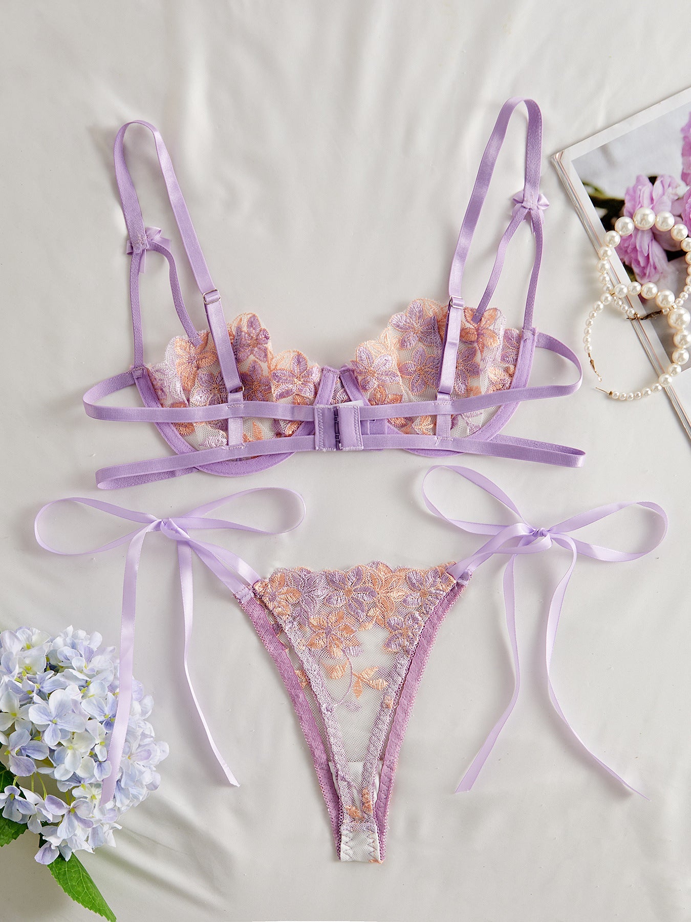 Cherry Blossom Bow Embroidered Sheer Lace Lingerie Set - gosundaymarket