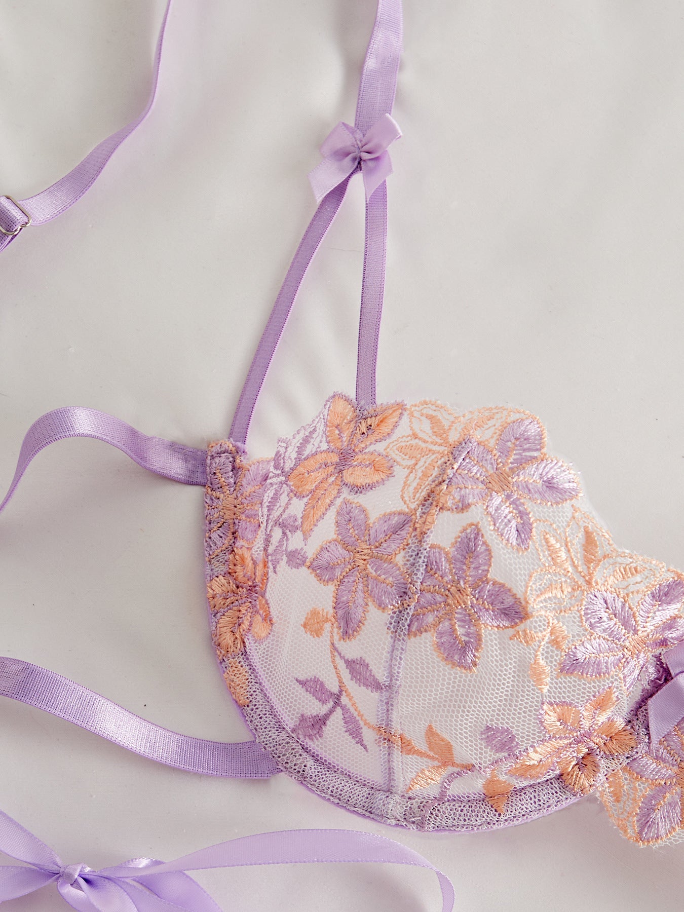 Cherry Blossom Bow Embroidered Sheer Lace Lingerie Set - gosundaymarket