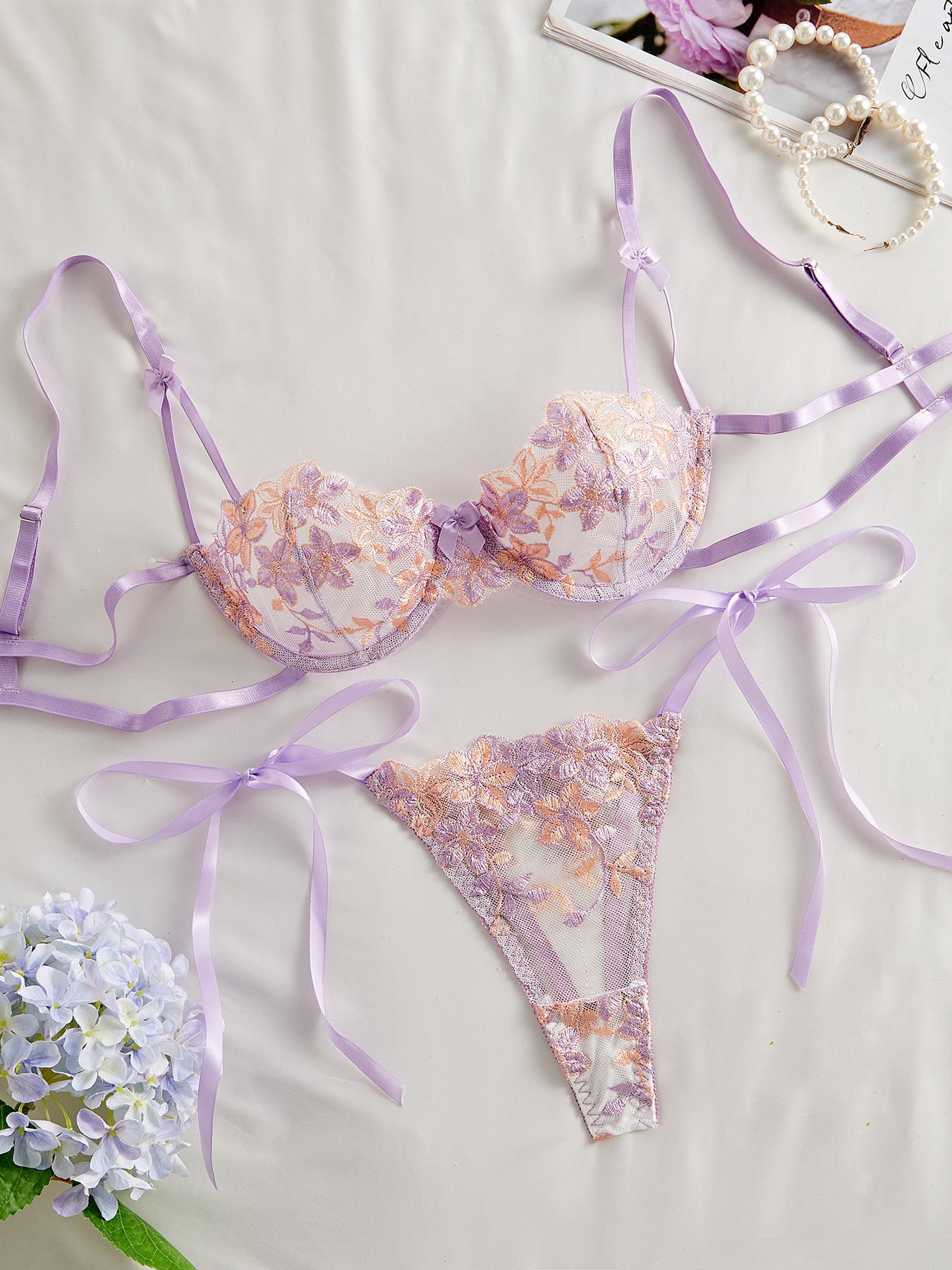 Cherry Blossom Bow Embroidered Sheer Lace Lingerie Set - gosundaymarket