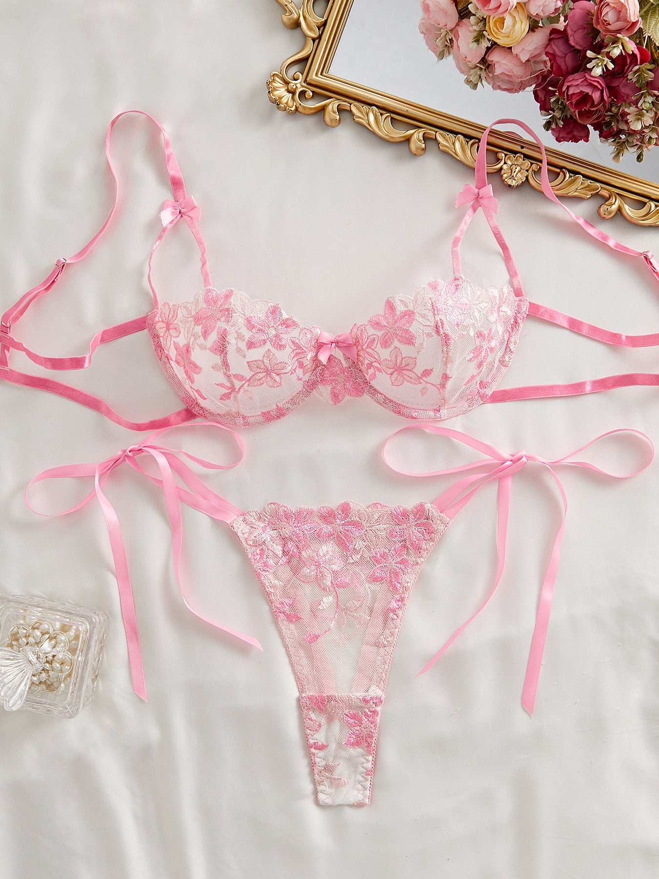 Cherry Blossom Bow Embroidered Sheer Lace Lingerie Set - gosundaymarket